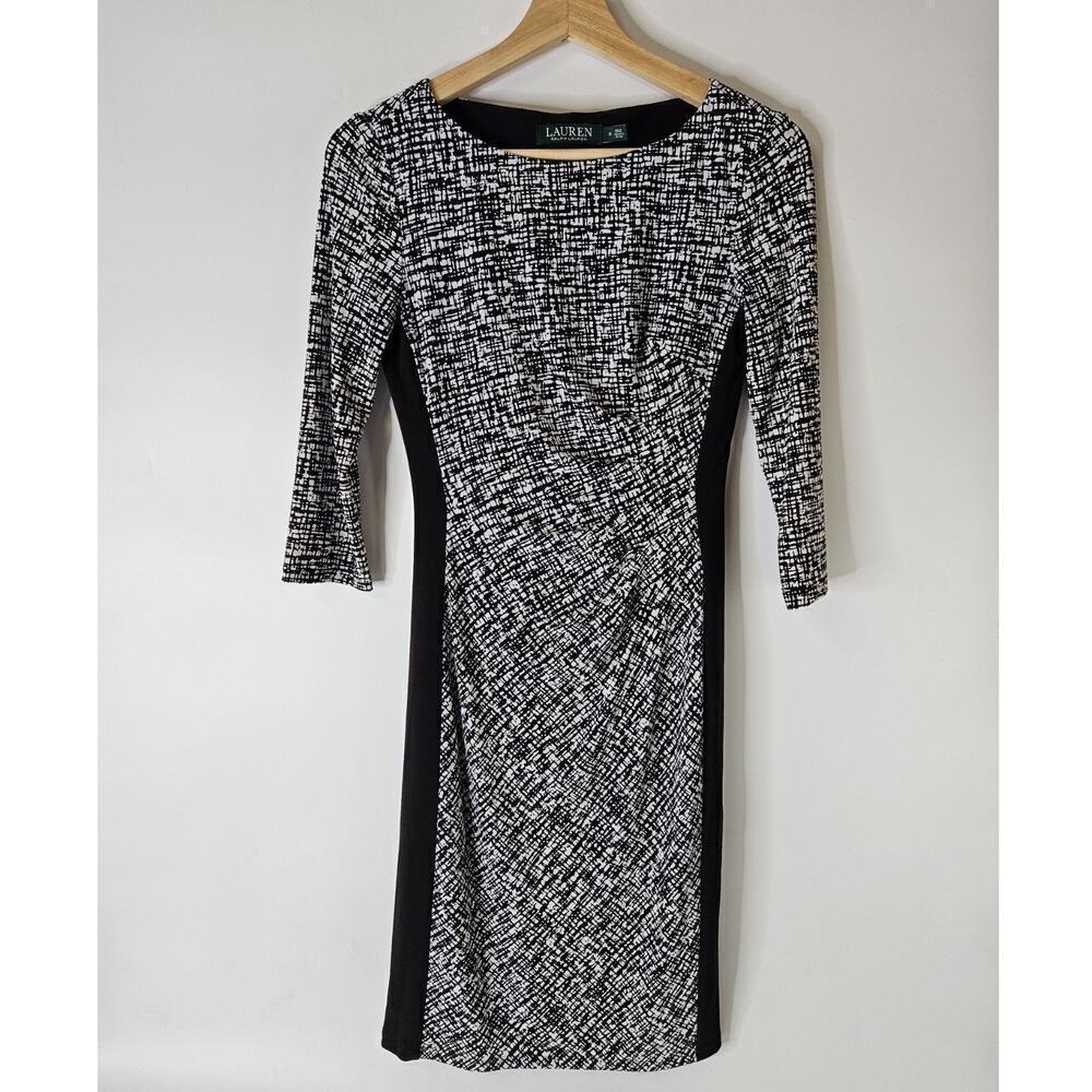 Ralph Lauren Jersey Knit Dress 0 Sheath Faux Wrap Herringbone Black White